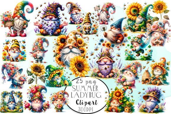 Summer Flower Gnomes with Bees Clipart & Illustrations
